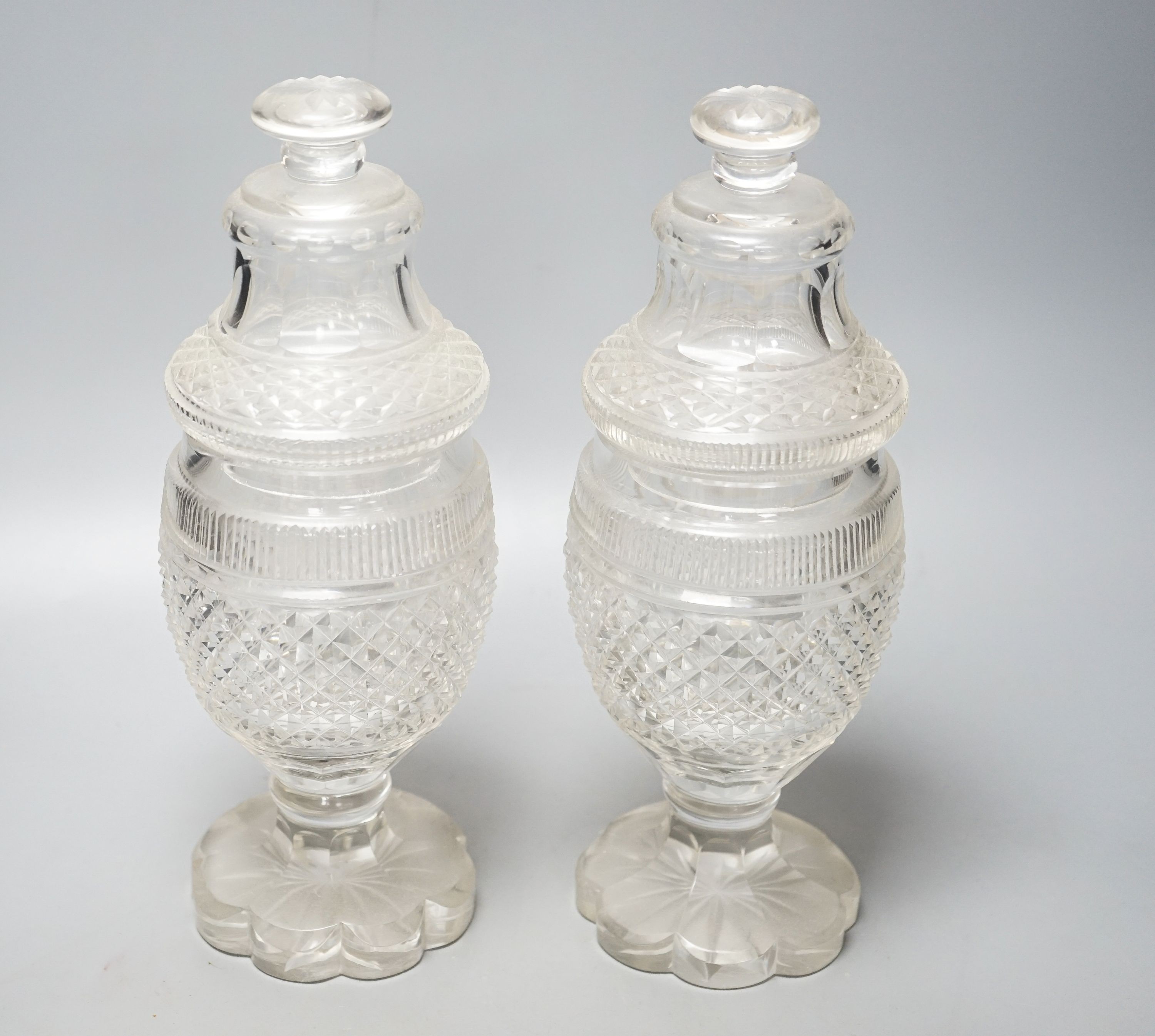 A pair of 19th century cut glass sweetmeat jars and covers, H 30cm